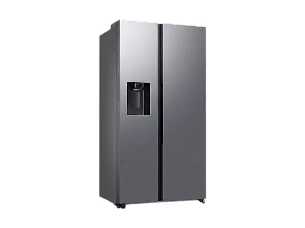 OBtech Samsung side-by-side refrigerator in silver with a plumbed water and ice dispenser on a black background.