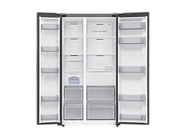 OBtech Samsung 655L side-by-side refrigerator with open doors showing interior shelving and twist ice maker