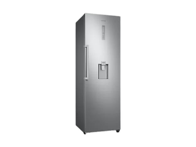 OBtech Samsung 375L single-door silver refrigerator with a non-plumbed water dispenser on a black background.