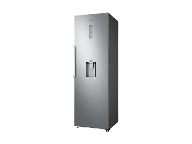 OBtech Samsung 375L single-door refrigerator in silver with a non-plumbed water dispenser and sleek metal finish.