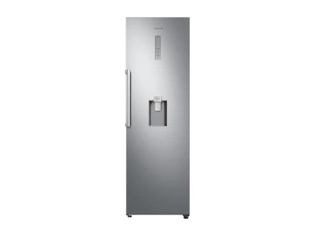 OBtech Samsung 375L single-door refrigerator in stainless steel with a built-in non-plumbed water dispenser.