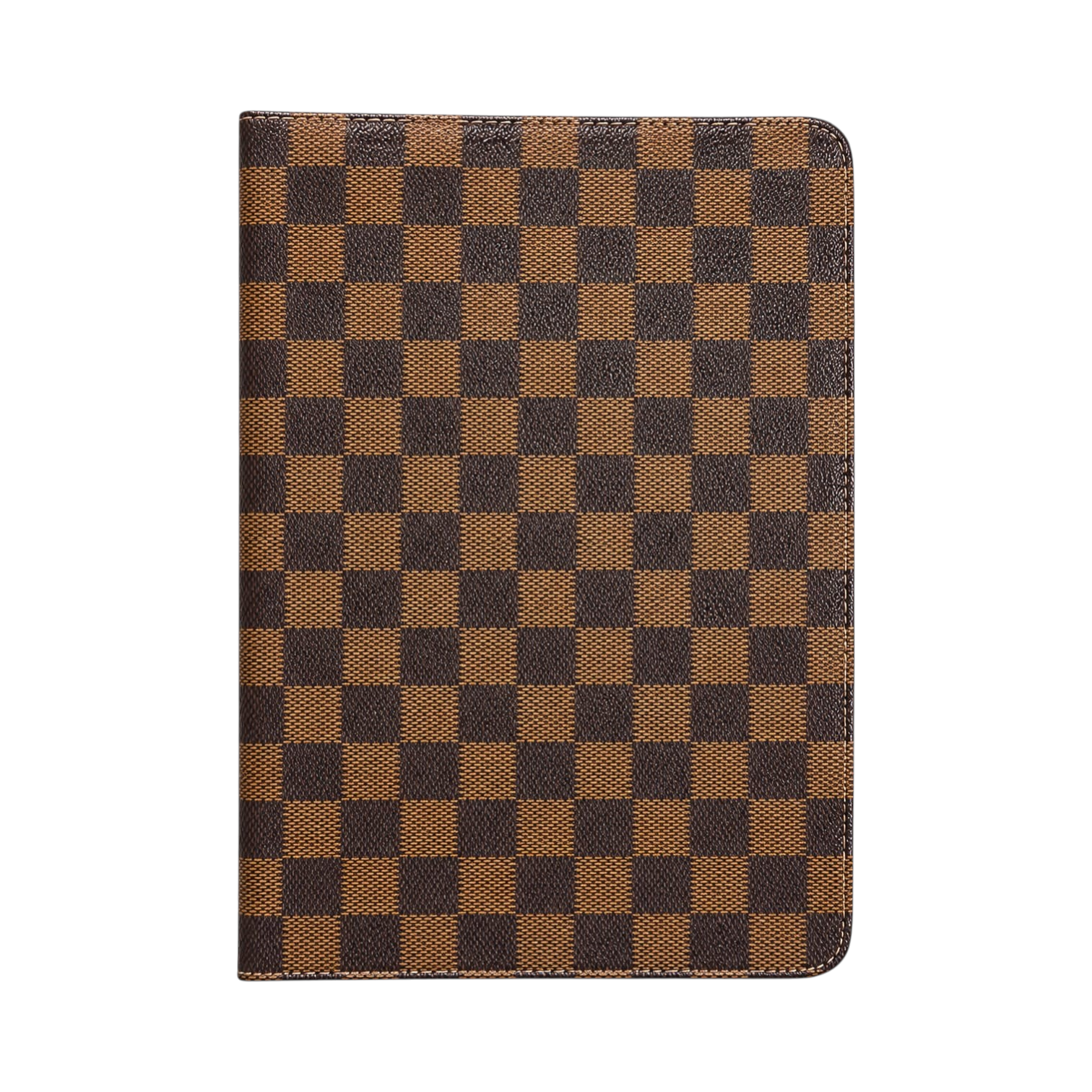 OBtech Hu Ang Samsung T825 tablet book cover featuring a brown and black checkered pattern for stylish protection.