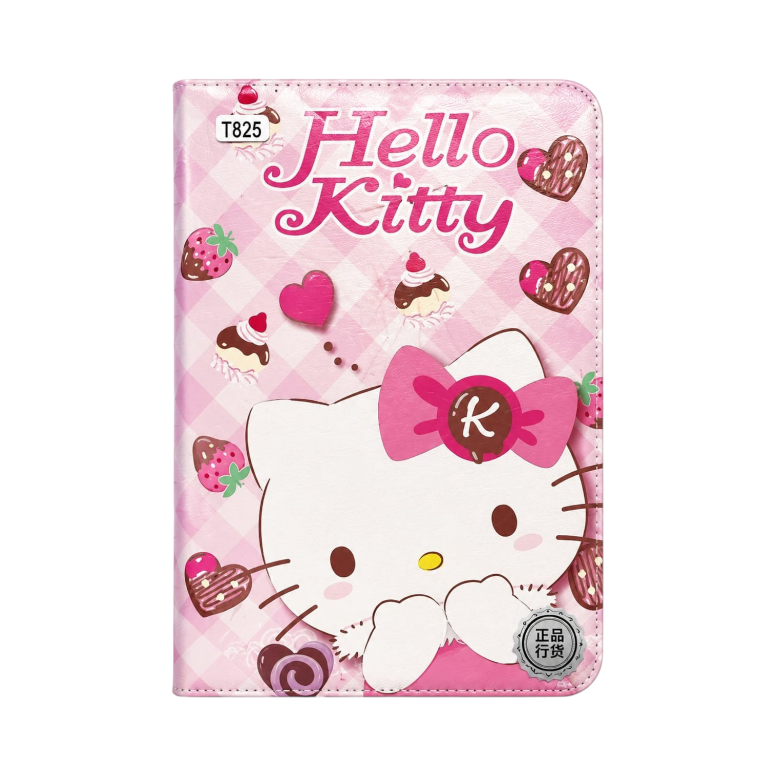 OBtech Hello Kitty pink tablet book cover for Samsung T825 with strawberry and heart pattern