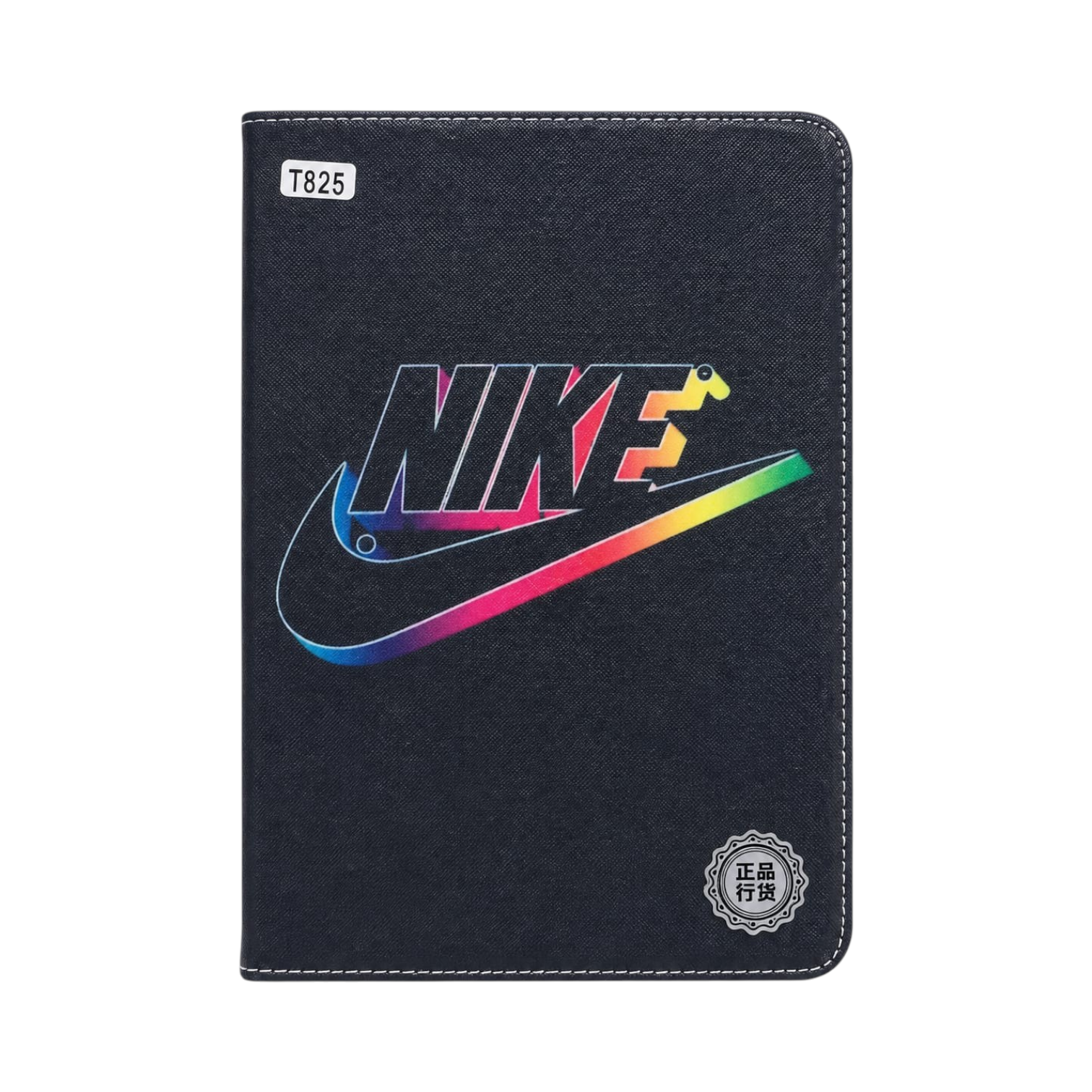 OBtech Hu Ang black protective book cover for Samsung T825 tablet with a colourful gradient Nike logo print