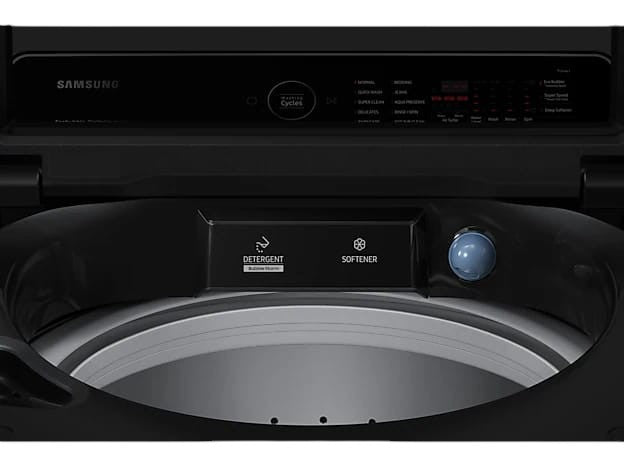 OBtech Samsung 21Kg top-load washer with black finish, detergent and softener compartments, and LED control panel.