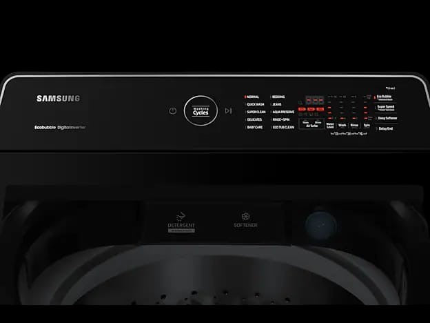 OBtech Samsung 21Kg top-load washer control panel with black finish, LED display, and Eco bubble technology settings.