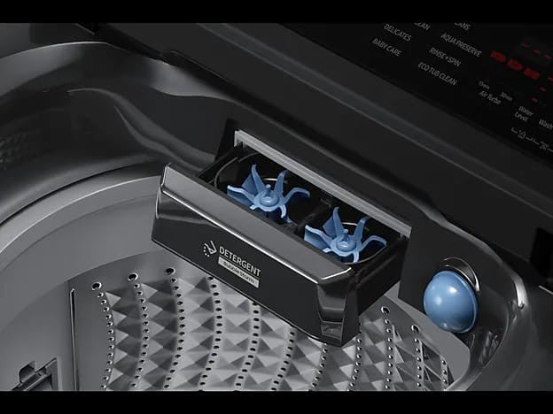 OBtech Samsung 9Kg top-load washer detergent drawer with blue bubble storm agitators and LED control panel