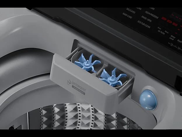 OBtech Samsung 10kg top-load washer detergent drawer with Bubble Storm technology and stainless steel drum interior