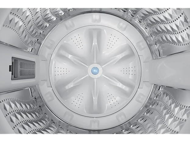 Interior view of the OBtech Samsung 21kg top-load washer drum featuring a white pulsator and textured stainless steel
