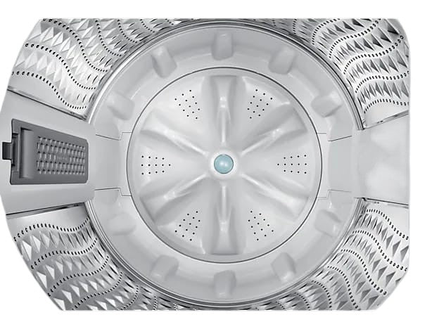 Top-down view of the stainless steel drum and white pulsator inside an OBtech Samsung 9Kg top-load washing machine.