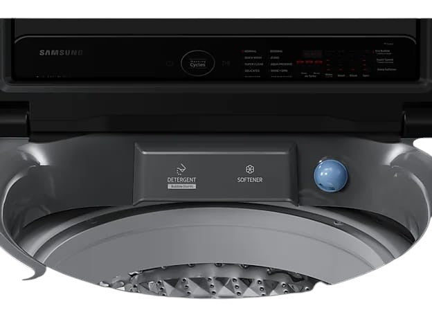 OBtech Samsung 17kg top load washer interior showing detergent and softener compartments with dark gray finish