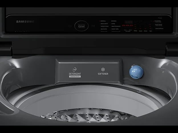 OBtech Samsung 15kg top-load washer interior view showing detergent and softener compartments with digital controls