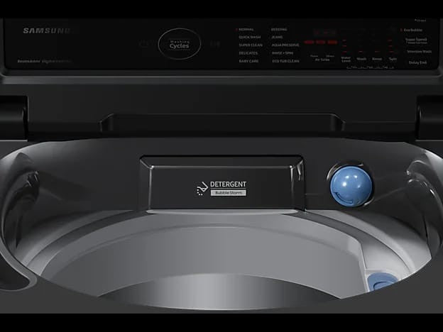 OBtech Samsung 9Kg top-load washer interior showing the detergent dispenser and digital control panel
