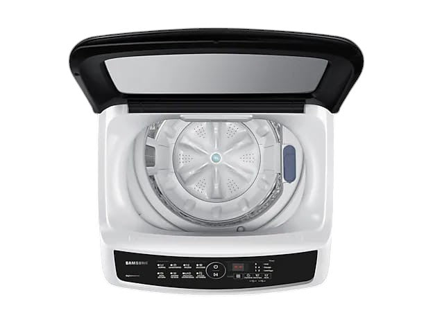 OBtech Samsung 8kg top-load washing machine with digital inverter technology and open lid, white and black finish