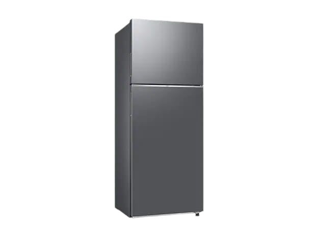 OBtech Samsung 411L top-mounted freezer refrigerator in a sleek grey finish with modern recessed handles.