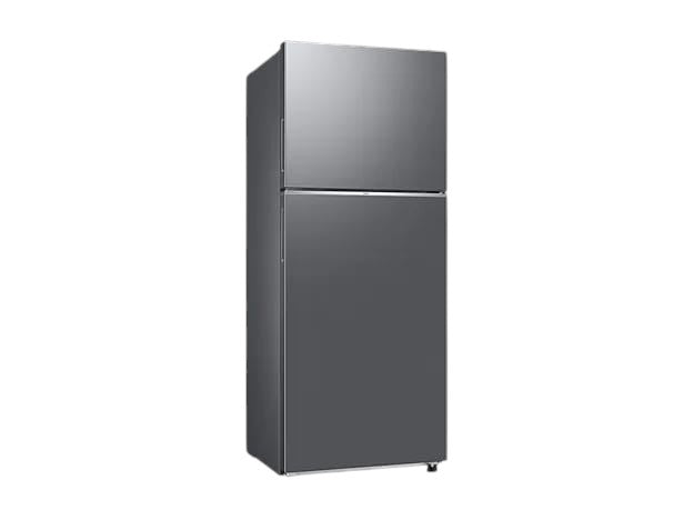 OBtech Samsung 391L top-mounted freezer refrigerator with a sleek grey finish and modern recessed handles