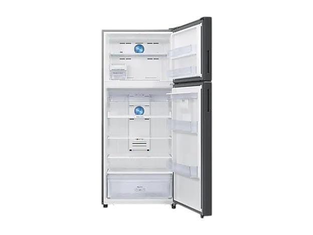 OBtech Samsung 540L top mounted freezer refrigerator with open doors showing interior shelves and water dispenser