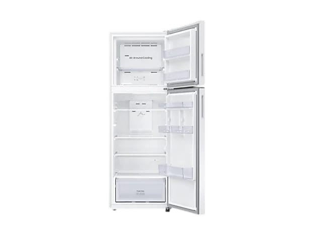 OBtech Samsung 348L top mounted freezer refrigerator in white with open doors showing interior shelves and drawers