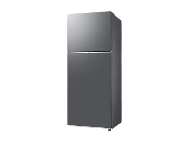 OBtech Samsung 391L top-mounted freezer refrigerator in a sleek grey finish with a modern minimalist design.