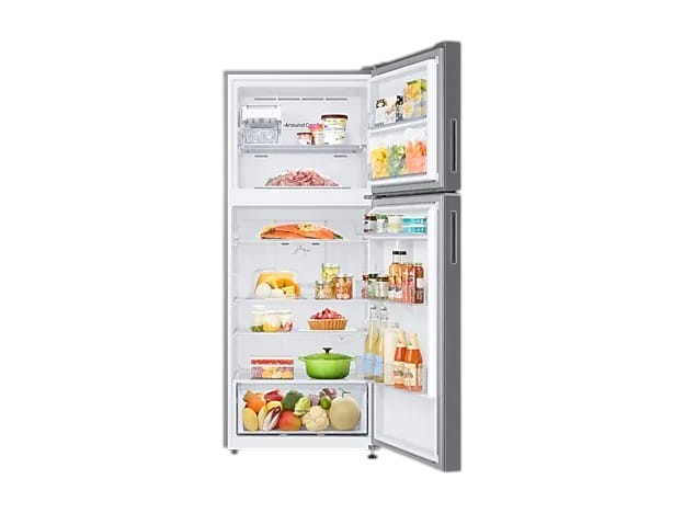 OBtech Samsung 391L top-mounted freezer refrigerator with open doors, glass shelves, and internal food storage.