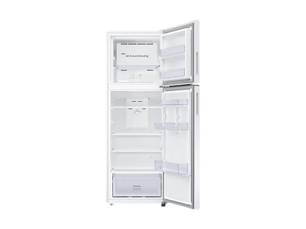 OBtech Samsung 304L top mounted freezer refrigerator with open doors showing spacious shelves and crisper drawer