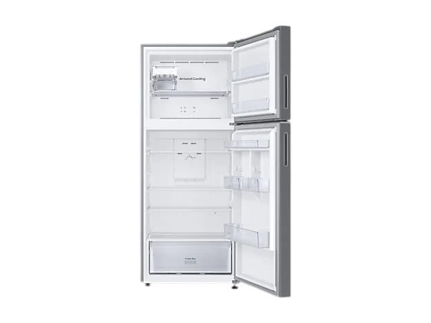 OBtech Samsung 391L top-mounted freezer refrigerator with open doors, featuring glass shelves and twist ice maker.