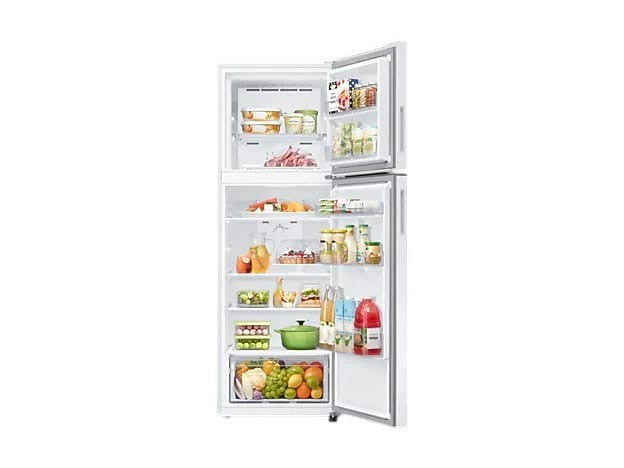 OBtech Samsung 304L top mounted freezer refrigerator with open doors showing organized shelves and fresh produce