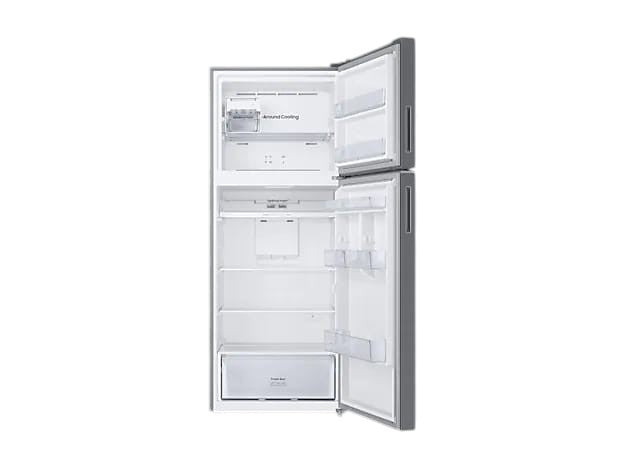 OBtech Samsung 411L top-mounted freezer refrigerator with open doors showing interior shelves and Optimal Fresh+ drawer