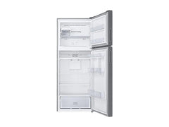 OBtech Samsung 411L top-mounted freezer refrigerator with open doors showing interior shelves and Optimal Fresh+ drawer