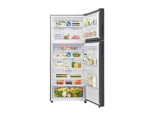 OBtech Samsung 540L top mounted freezer refrigerator with open door showing organized shelves and interior storage