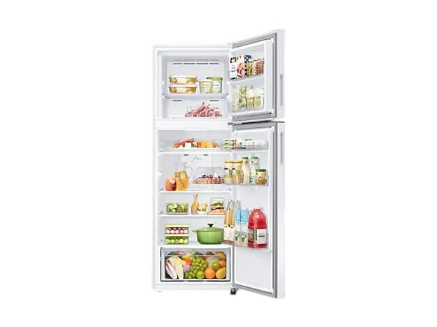 OBtech Samsung 348L top mounted freezer refrigerator with open doors showing organized shelves and vegetable drawer