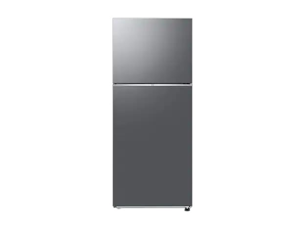 OBtech Samsung 391L top-mounted freezer refrigerator in a sleek silver finish with a modern minimalist design.