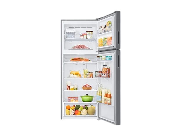 OBtech Samsung 411L top-mounted freezer refrigerator with open doors showing organized shelves and fresh food items.