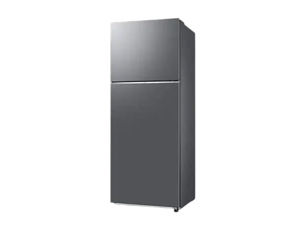 OBtech Samsung 411L top-mounted freezer refrigerator in a sleek grey finish with a modern minimalist design.