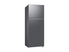 OBtech Samsung 411L top-mounted freezer refrigerator in a sleek grey finish with modern recessed handles.