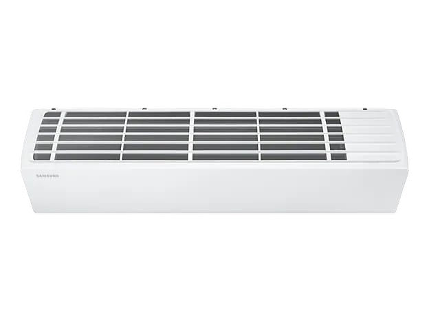 OBtech Samsung 18,000 BTU wall-mount digital inverter air conditioner in white with a modern slatted design.