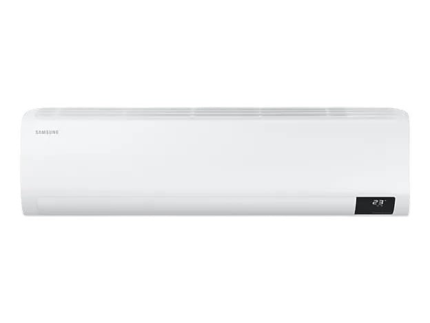 OBtech Samsung wall-mount air conditioner with digital inverter technology, sleek white finish, and temperature display.