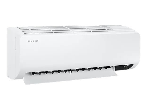 OBtech Samsung wall-mounted digital inverter air conditioner in white with a sleek modern design and temperature display