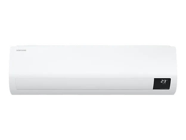 OBtech Samsung wall-mount air conditioner with digital inverter technology and temperature display on white unit