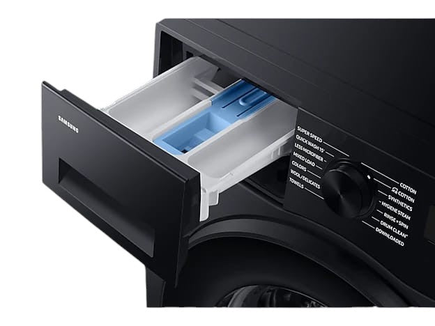 OBtech Samsung front-load washer detergent drawer pulled out, showing blue compartment on a sleek black machine.