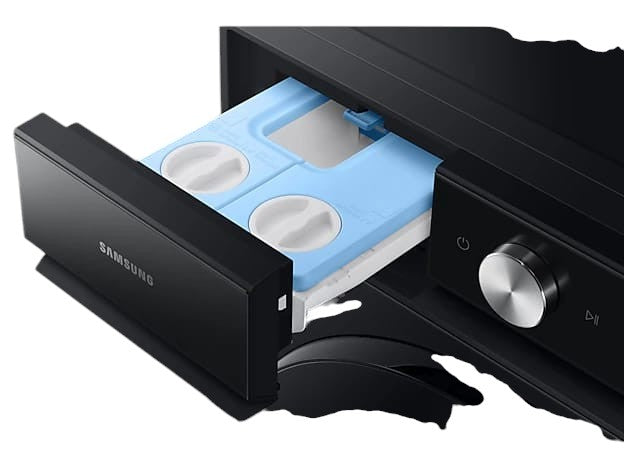 OBtech Samsung washer dryer featuring the Auto Dispense detergent drawer in a sleek black finish
