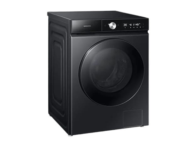 OBtech Samsung AI Eco bubble washer dryer combo in sleek black with a tempered glass door and digital control panel.