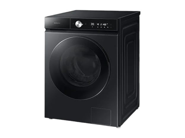 OBtech Samsung AI Eco bubble washer dryer combo in premium black with a sleek tempered glass door and digital display.