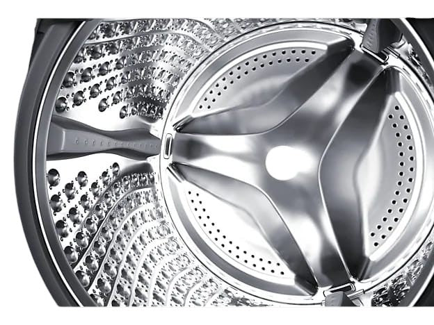 Interior view of the stainless steel drum in an OBtech Samsung AI Eco bubble washer dryer with perforated design