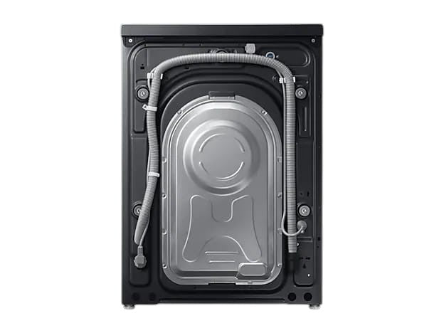 Rear view of the OBtech Samsung AI Eco bubble washer dryer showing the metal back panel, drainage hose, and power cord.