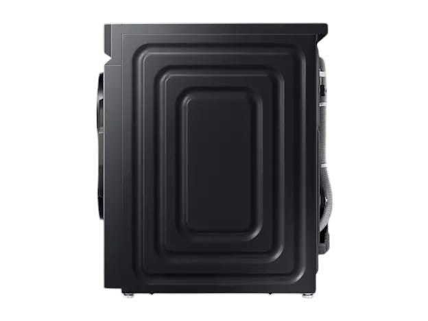 Side profile of the OBtech Samsung AI Eco bubble washer dryer in a sleek black finish with a textured metal casing.