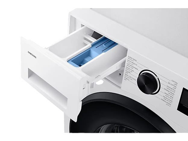 OBtech Samsung front-load washing machine with the detergent drawer pulled out, showing the StayClean compartment.