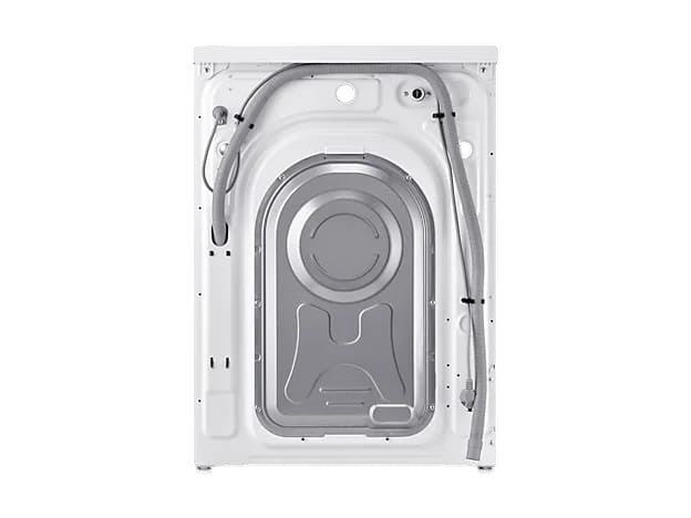 Rear view of the white OBtech Samsung 9Kg front-load washing machine showing the metal panel and drainage hose.