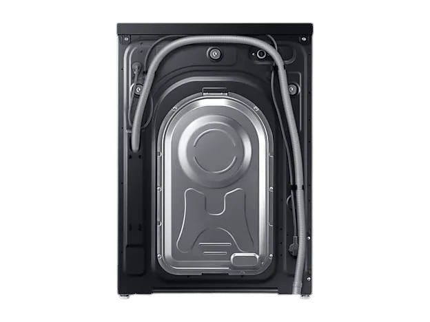 Rear view of the OBtech Samsung 9Kg front-load washing machine showing the metal back panel and drainage hose.