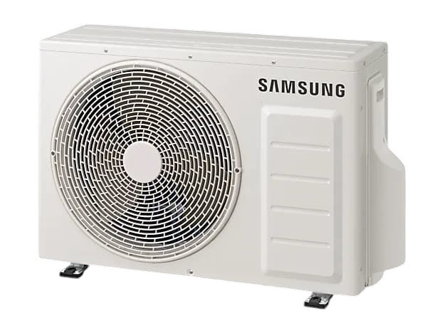 OBtech Samsung WindFree 18,000 BTU wall-mount air conditioner outdoor unit in white with a circular fan grille.